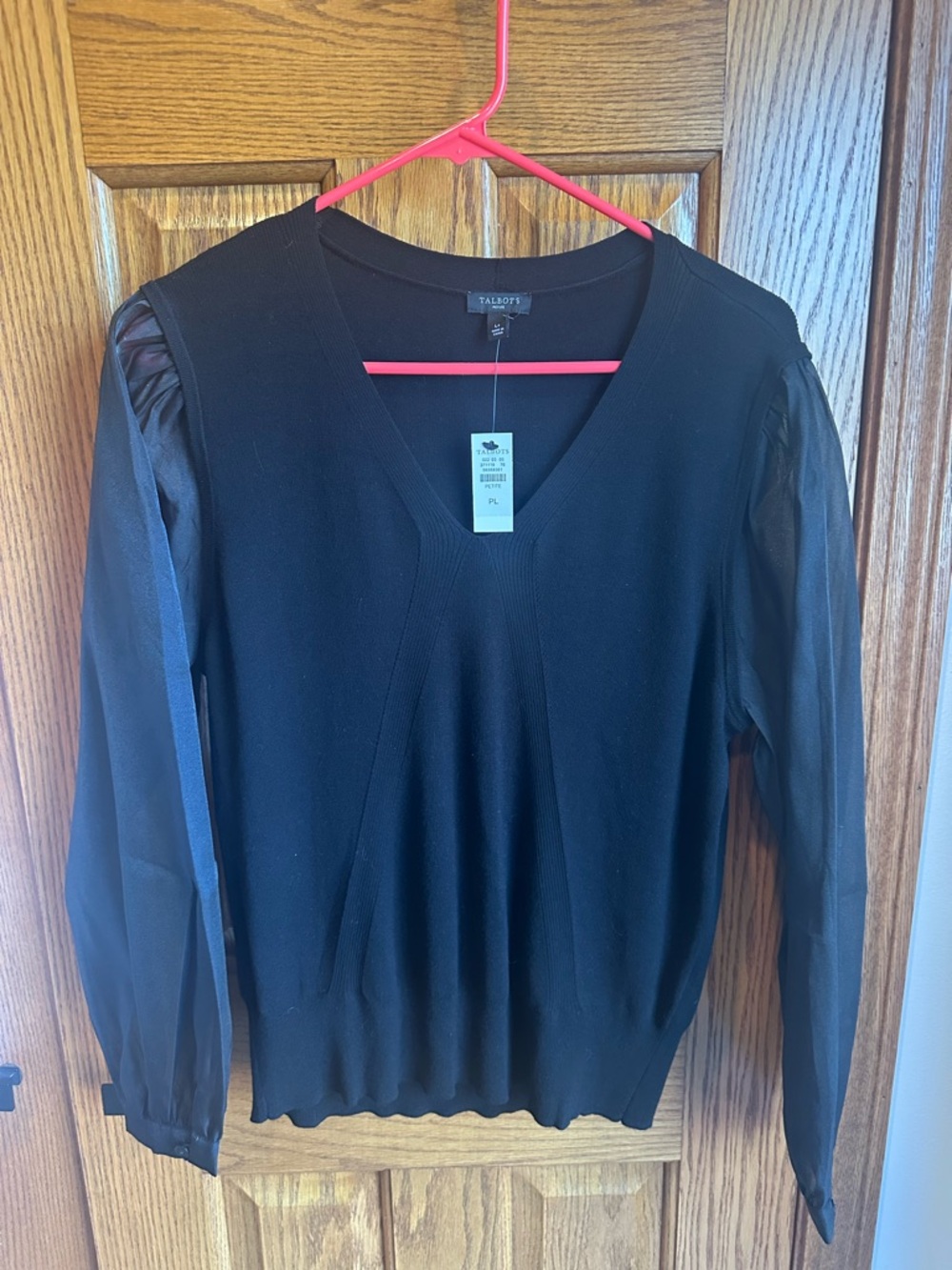 Talbots Poet Sleeve Sweater Petite Sz Large Petite LP Black Sheer Sleeves Vneck